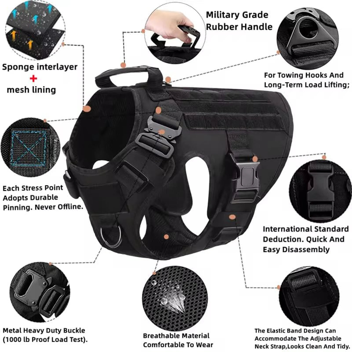 Tactical Nylon Dog Harness Padded Vest With Quick Release Buckle