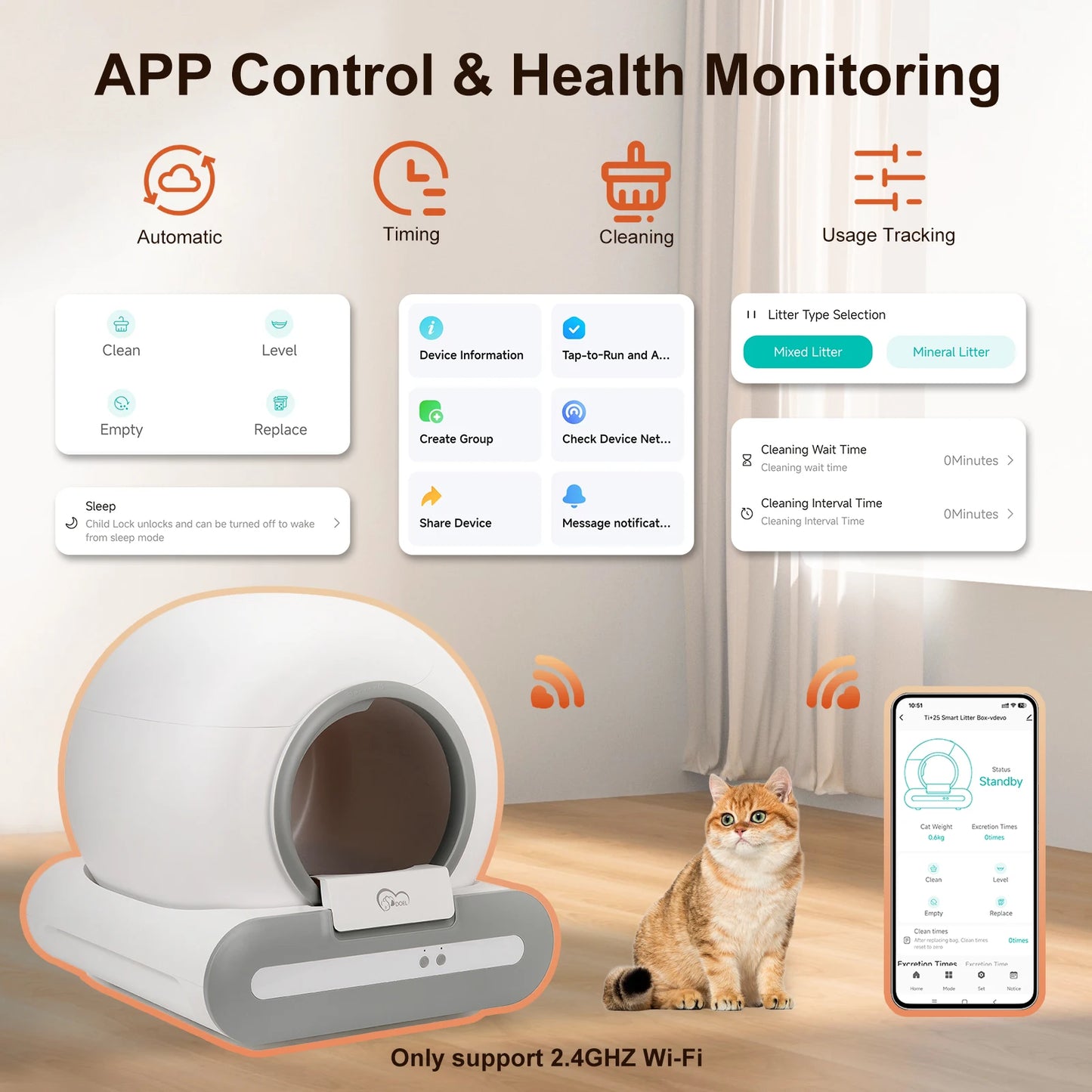 DOEL 65L Self-Cleaning Cat Litter Box App Control 2.4G WiFi