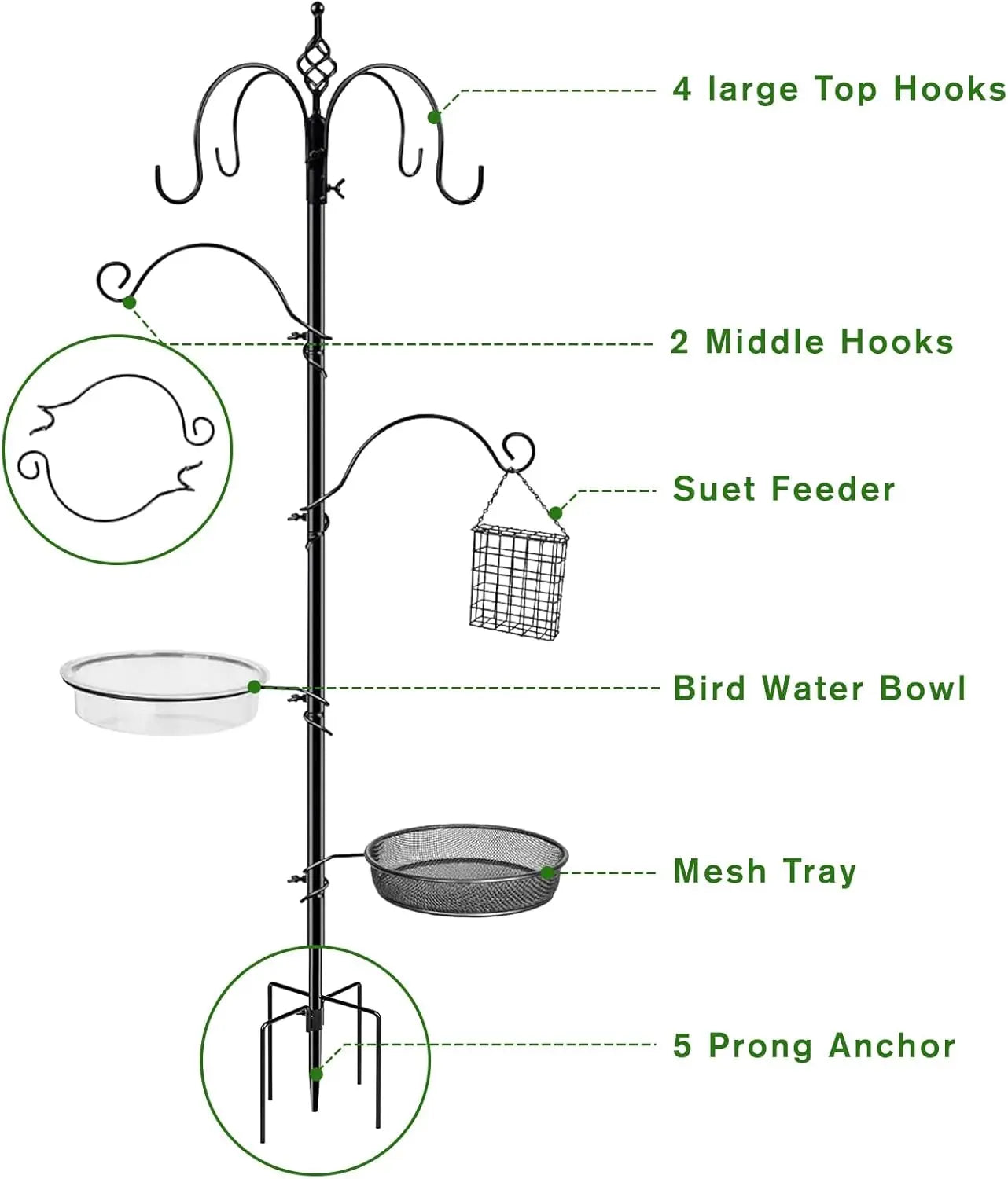 6-Hook Bird Feeder Stand With Water Tray