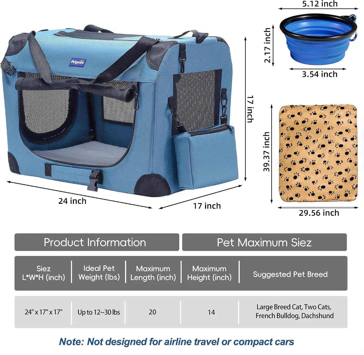 Portable Collapsible Dog Crate with Soft Blanket and Foldable Bowl for Small Dogs Indoor and Outdoor