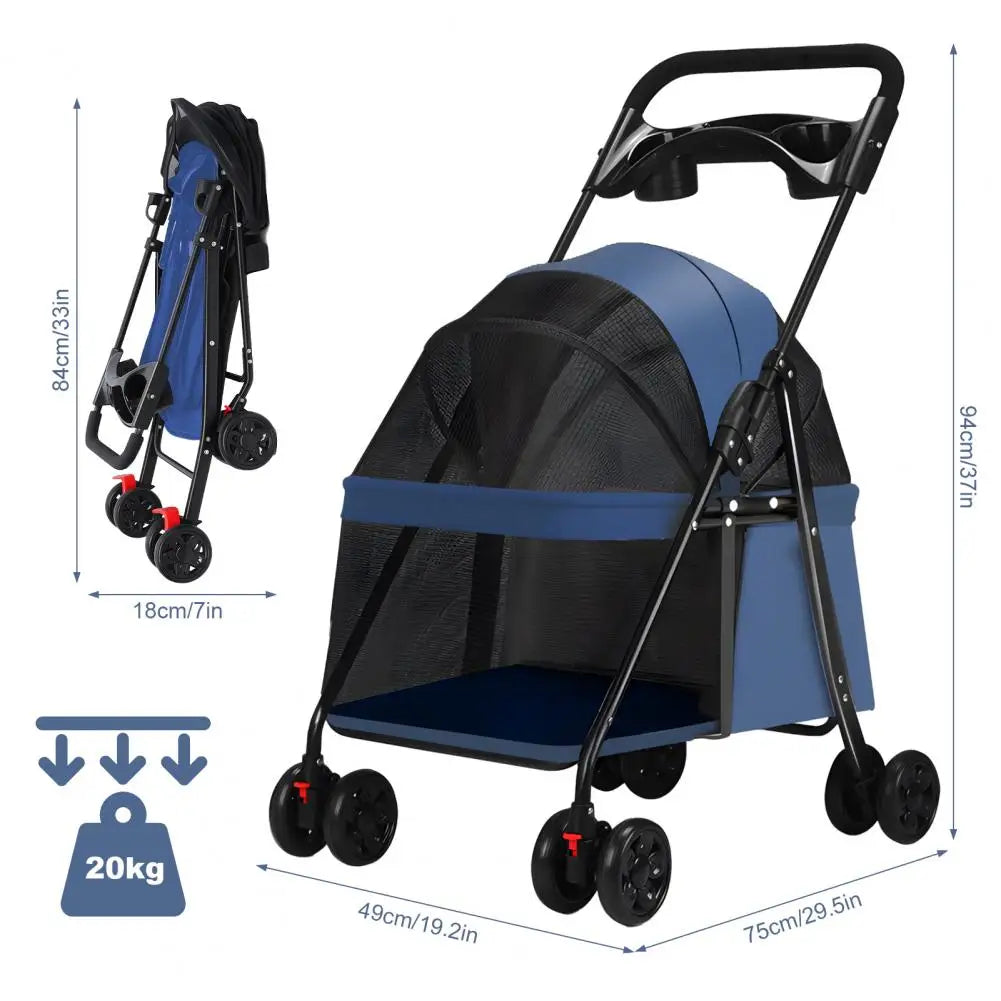 Four-Wheel Pet Stroller For Dogs And Cats Foldable Cup Holder