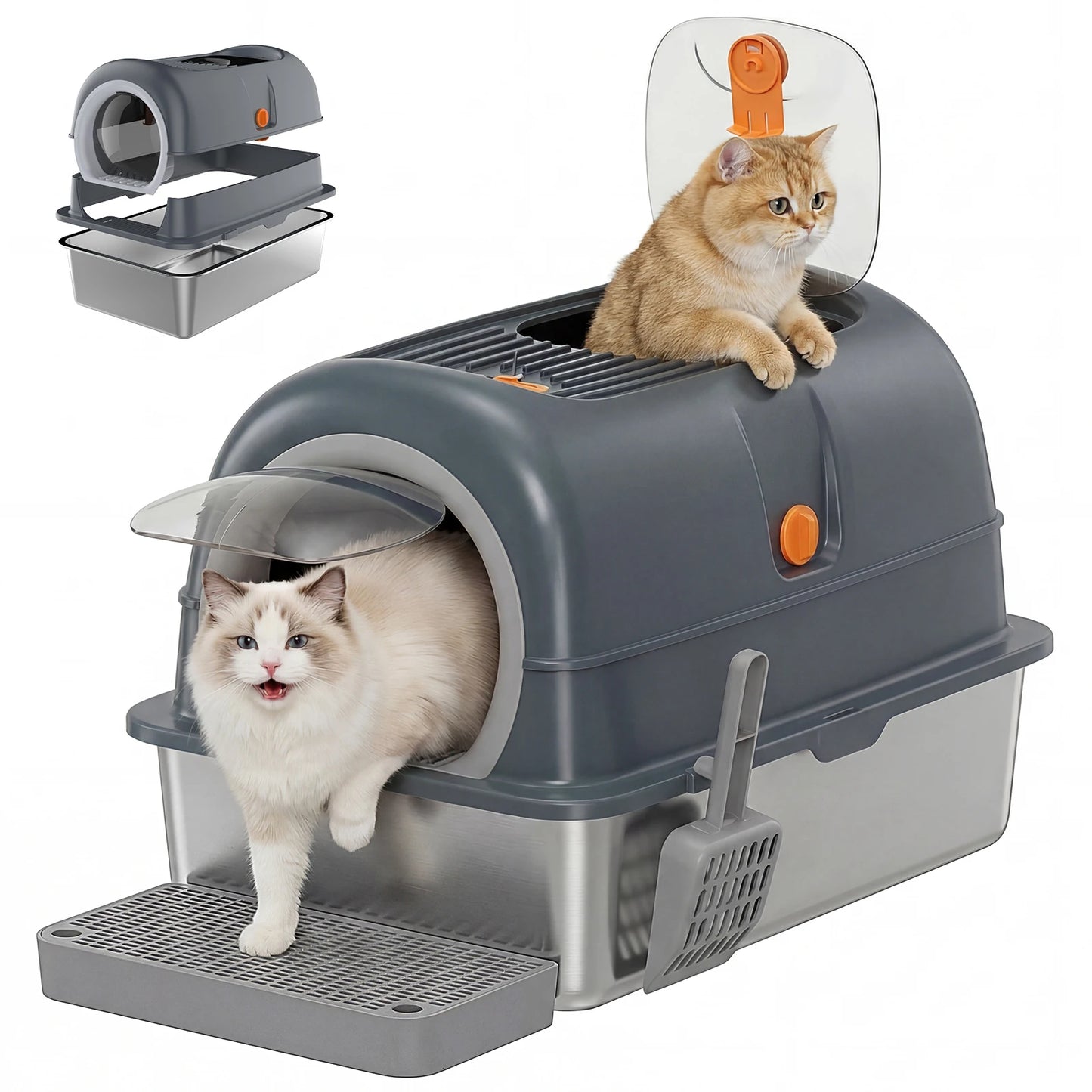 Stainless Steel Cat Litter Box Enclosed With Scoop And Mat