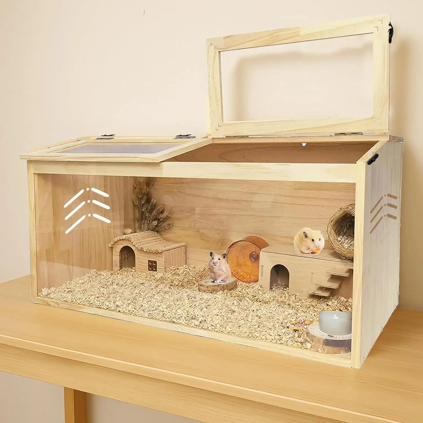 Wooden Small Animals Cage Large Hamster Habitats Enclosure Tank with Lock Acrylic Sheet & Openable Top for Chinchilla Guinea Pig