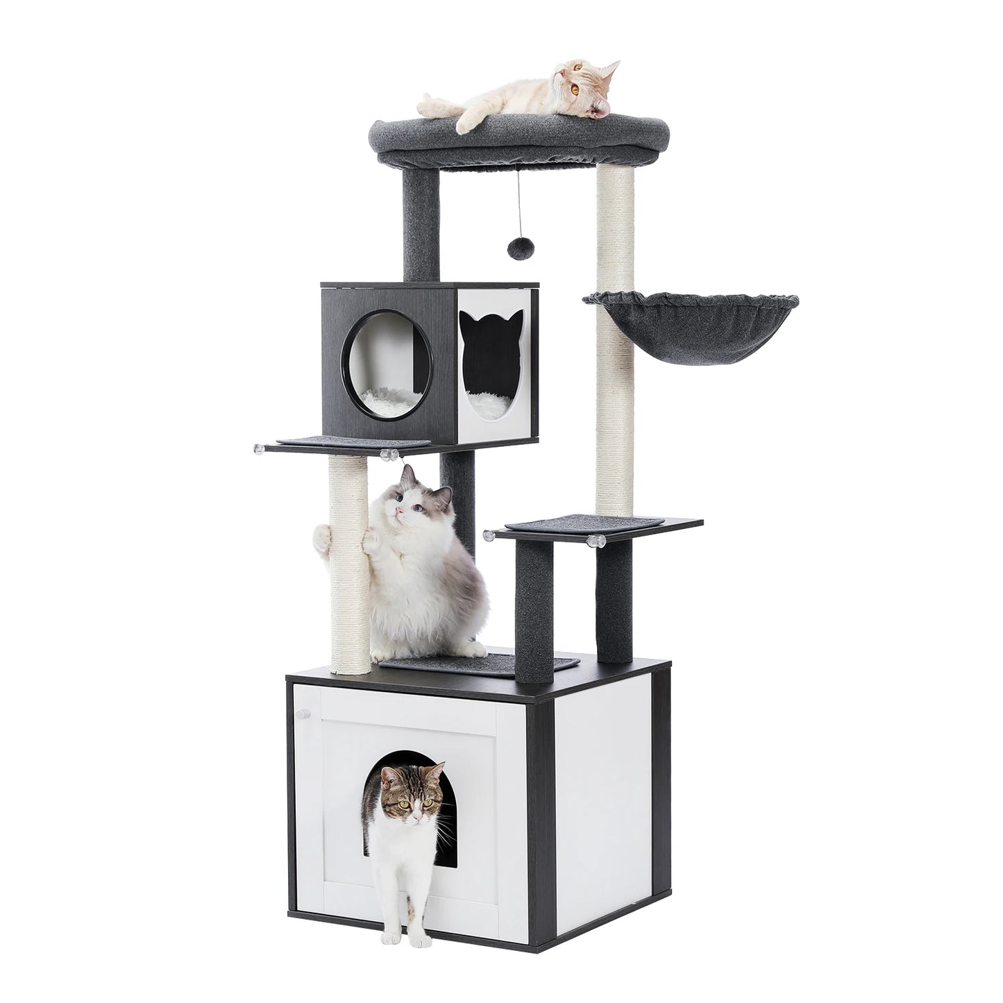 PAWZ Road Cat Tree With Litter Box Enclosure, Large Wood Tower, Storage Cabinet