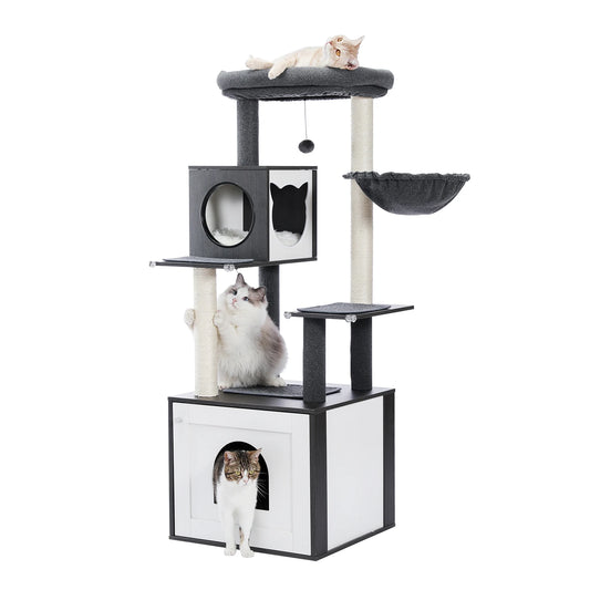 PAWZ Road Cat Tree With Litter Box Enclosure, Large Wood Tower, Storage Cabinet