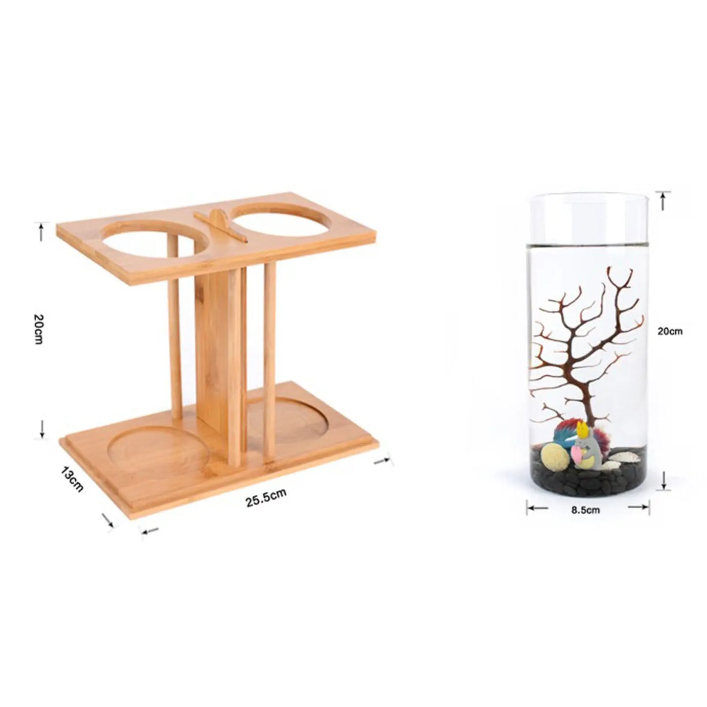 Glass Betta Tank With LED Light Bamboo Base Two Tanks