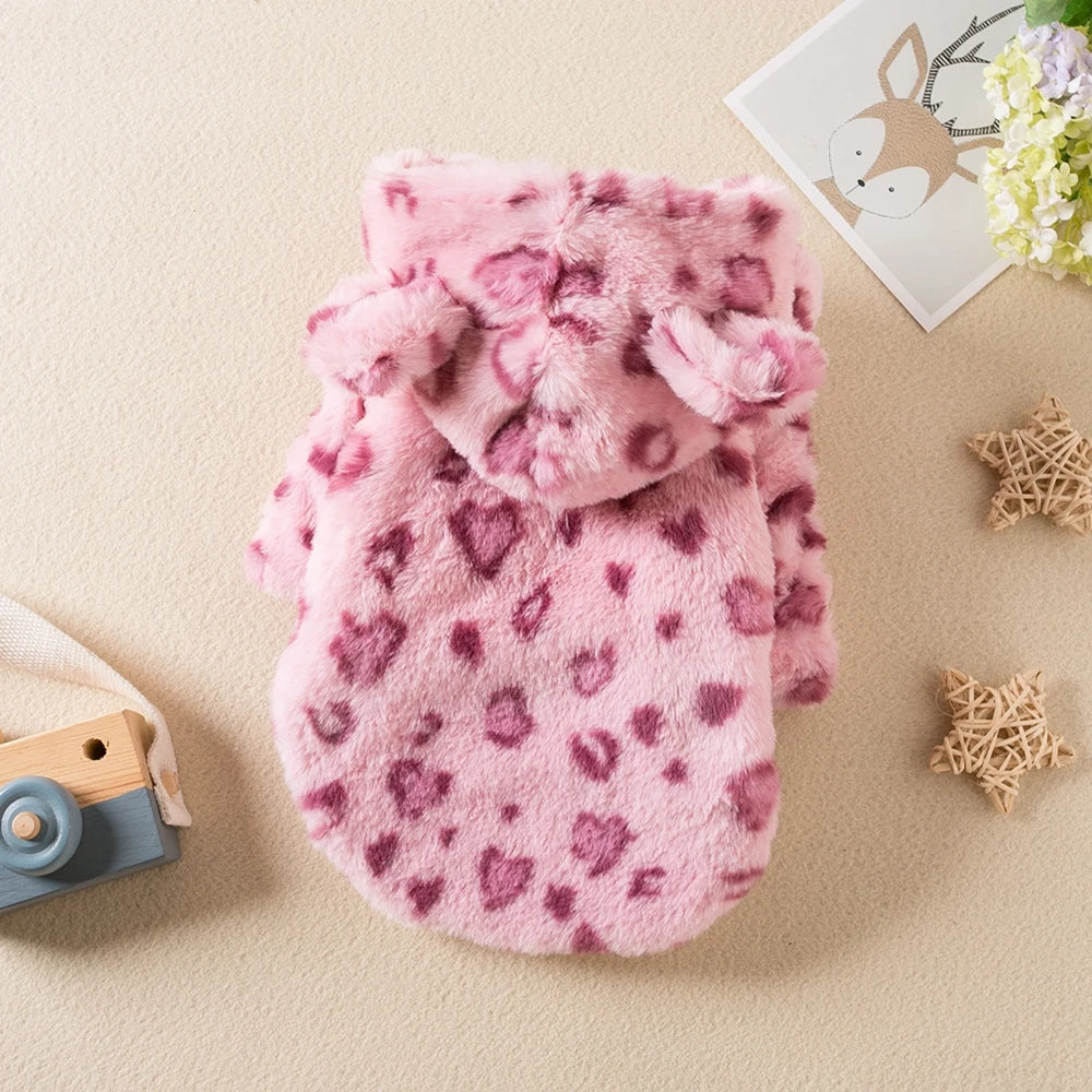 Winter Leopard Print Fleece Dog Hoodie Coat For Pets
