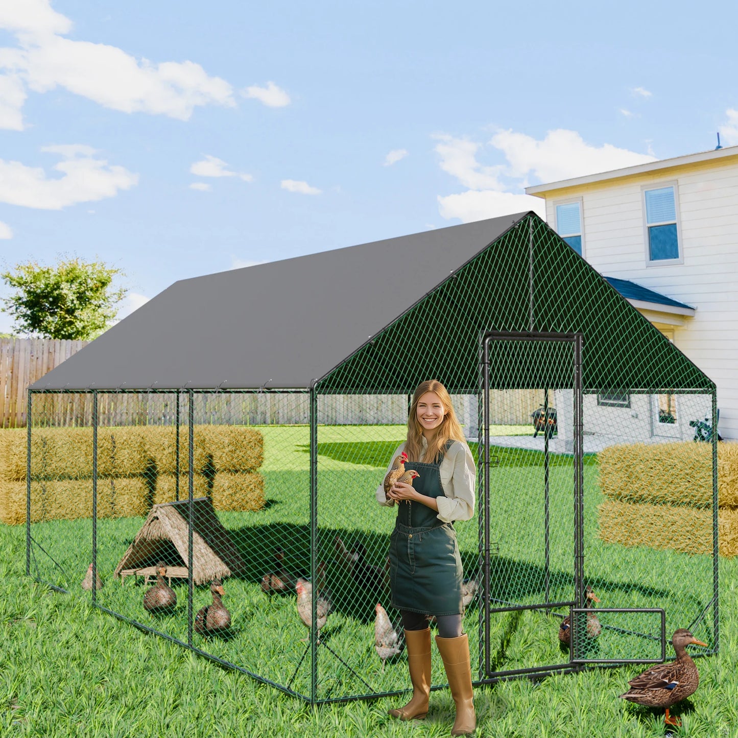 BINGOPAW Metal Chicken Coop Walk-In Run With Netting And Cover