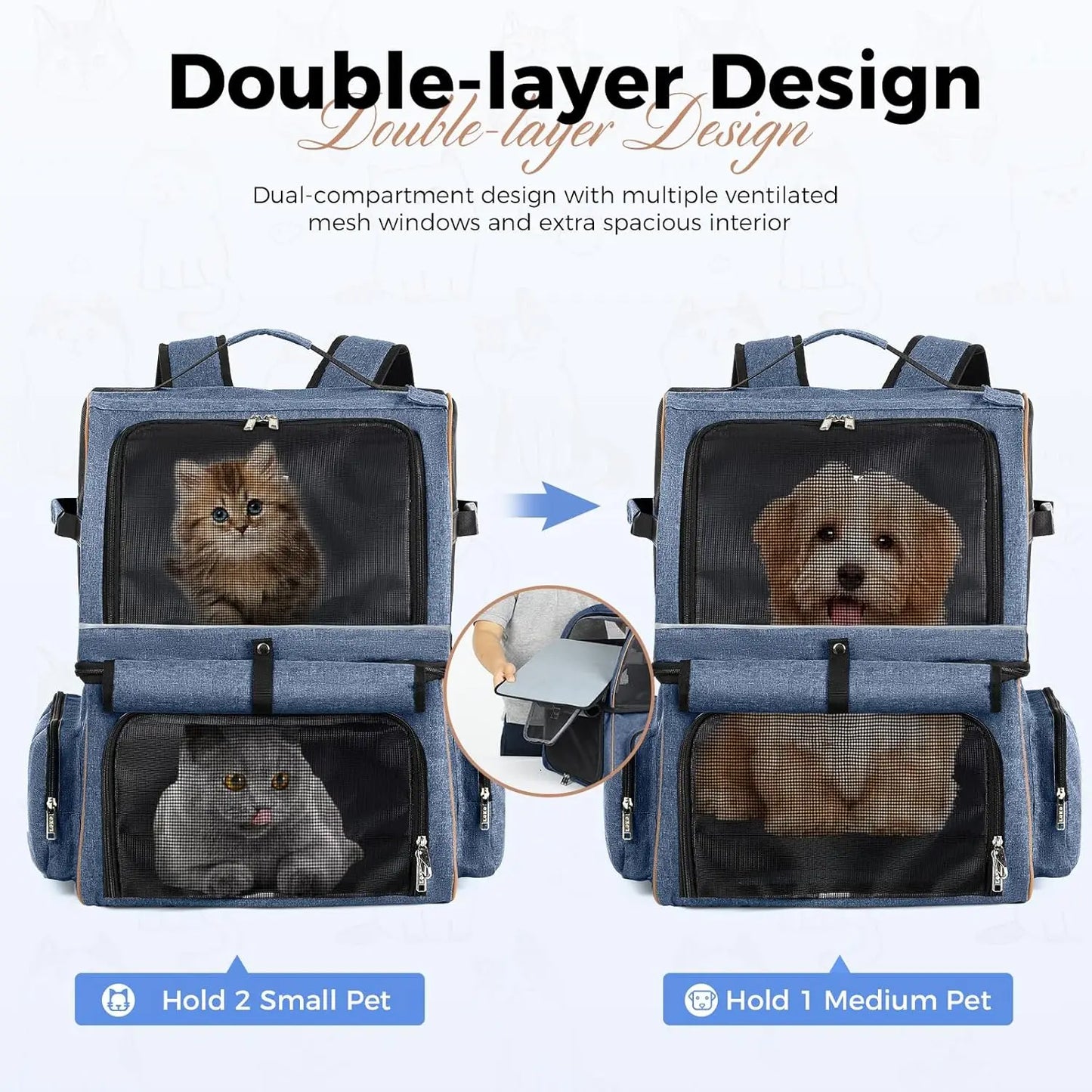 Double-Compartment Cat Backpack Carrier for Two Cats or A Dog