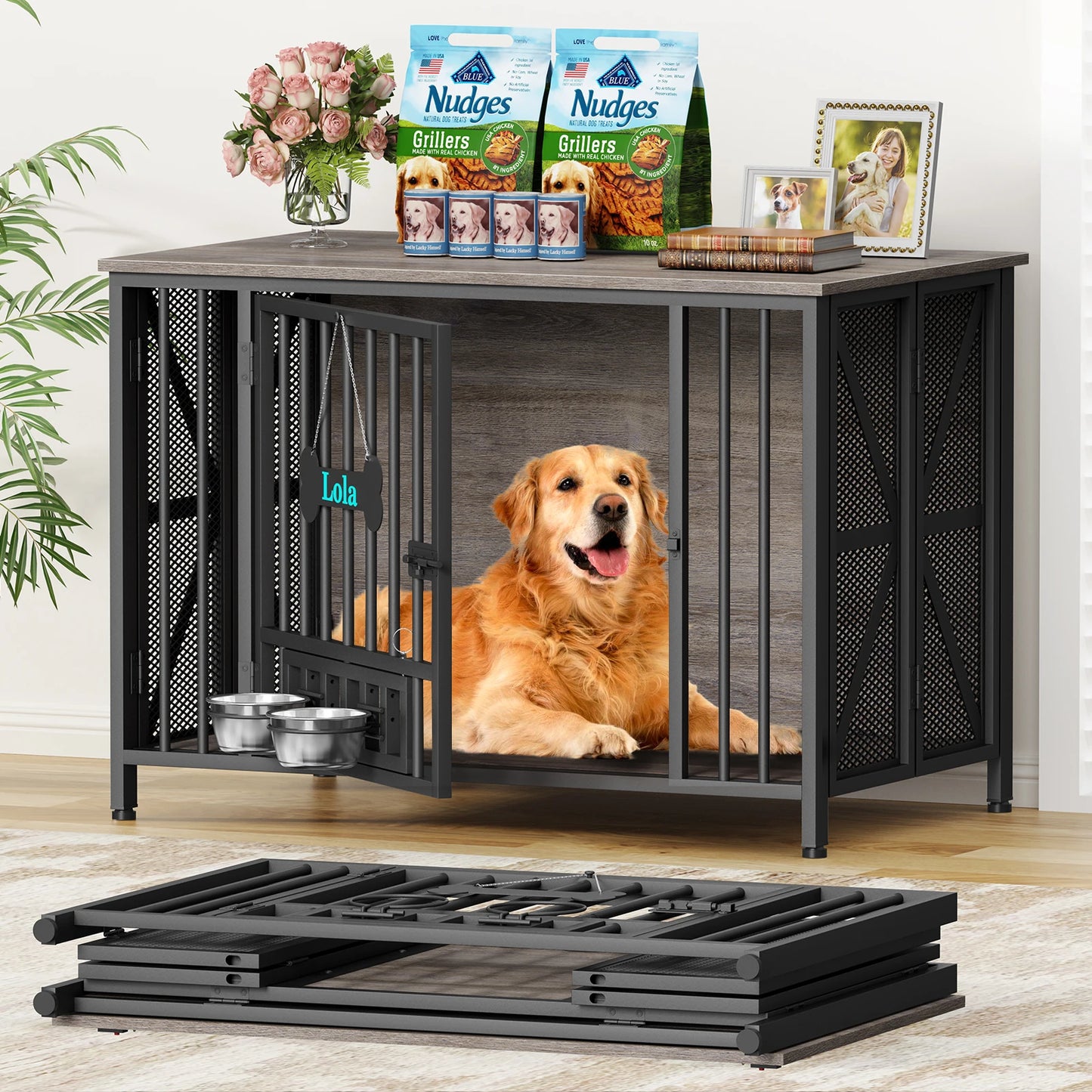 Foldable Large Dog Crate Furniture Wooden Kennel Indoor