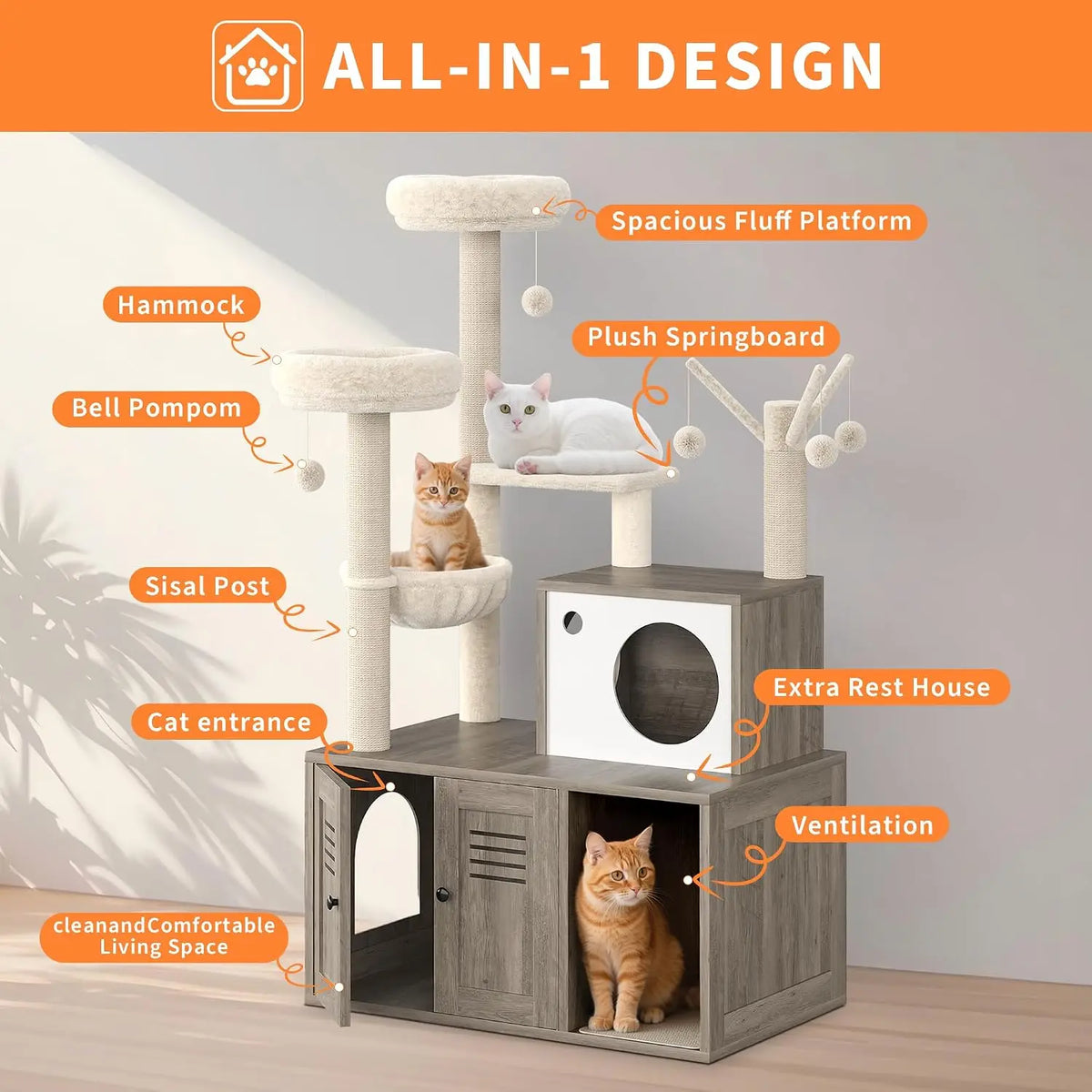 Cat Litter Cabinet with Cat Tree, 1 Piece 12MM Particle Board + 400G Plush, 140 cm High, Multifunctional Pet Furniture, Indoor Cat Accessories, Hidden Cat Litter Box Enclosure