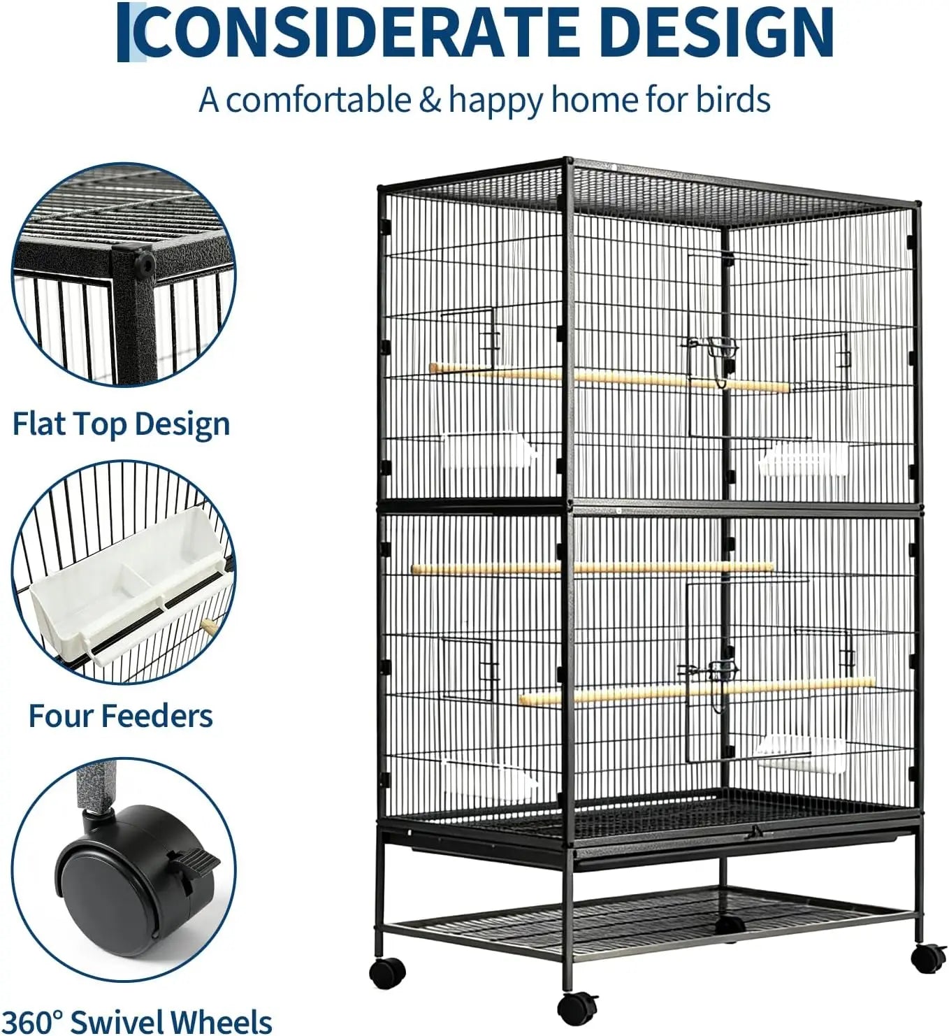 HiMISS Large Bird Cage With Rolling Storage Stands And Bowls