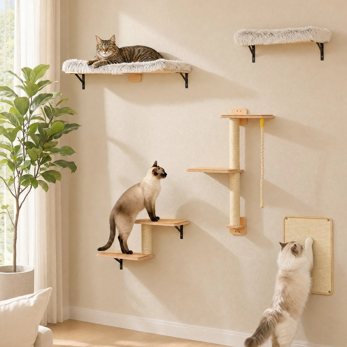PAWZ Road Wooden Cat Wall Climbing Shelves With Scratching Perches