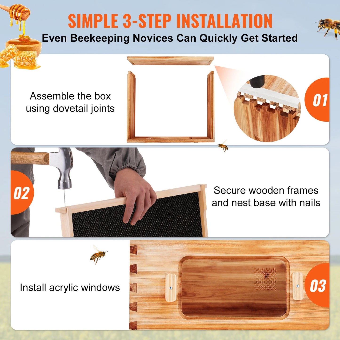 SucceBuy Bee Hive Deep Box Starter Kit 100% Beeswax Coated Natural Cedar Wood Langstroth Beehive Kit Transparent Acrylic