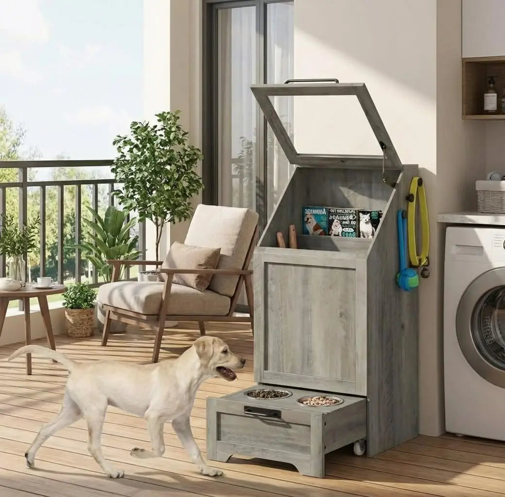 HiMISS Dog Food Station With Storage Raised Bowls And Hanger