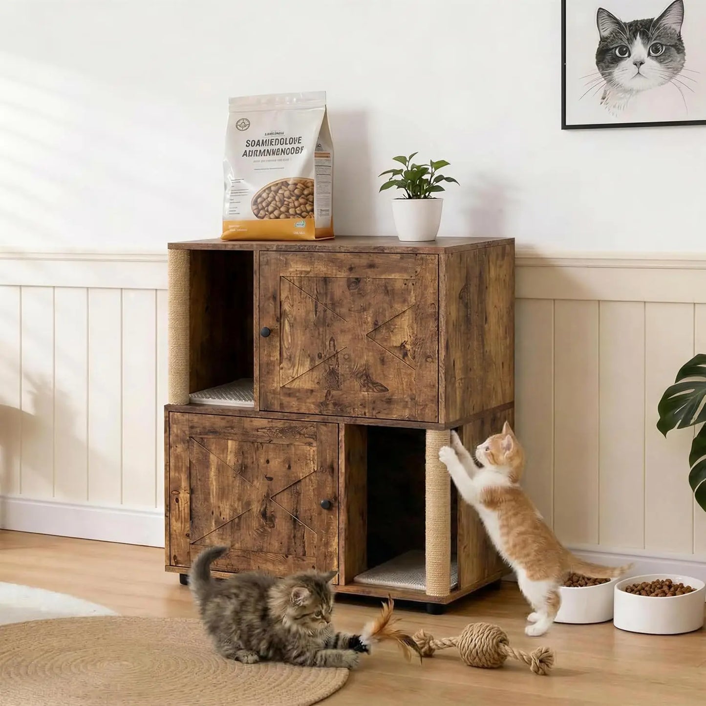 HiMISS Cat Litter Box Enclosure With Double Layer Cabinet And Sisal Post