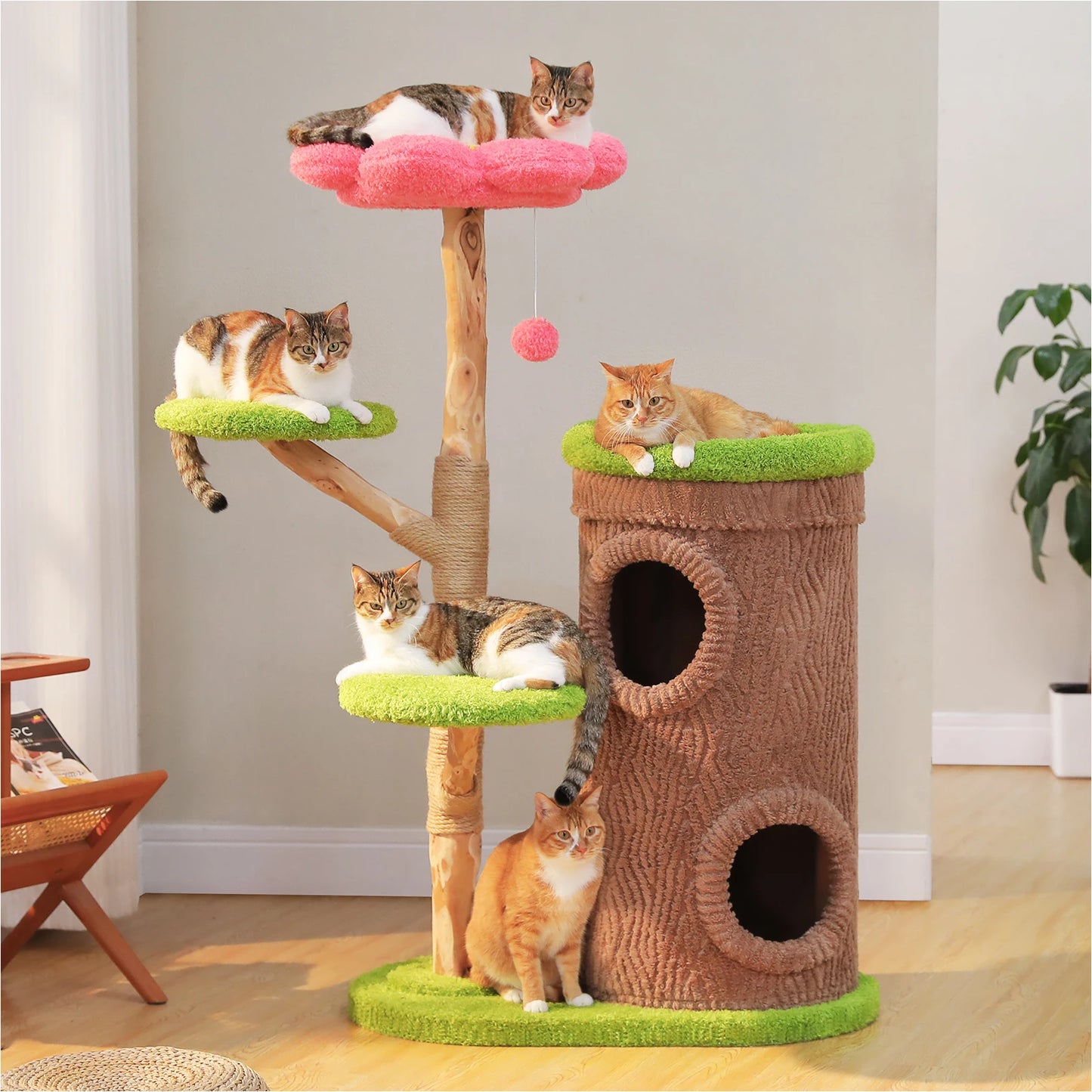 Cat Tree Tower With 4 Condos, Scratching Post, Flower Top Bed