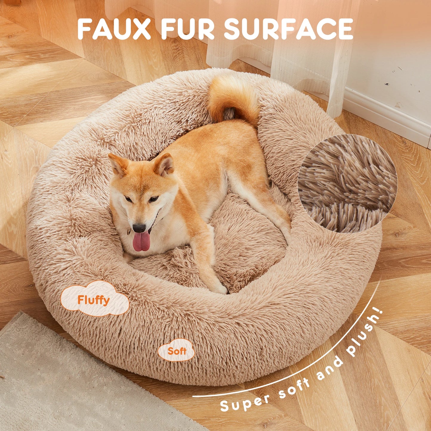 JHK Calming Round Dog Bed Plush Faux Fur Anti Slip