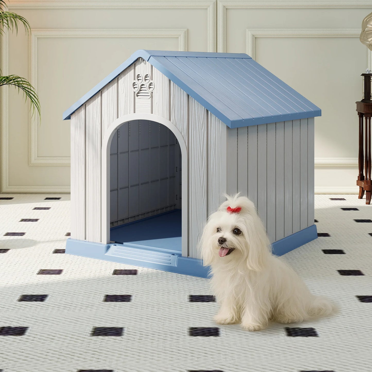 Small Basic Plastic Dog House, Weatherproof Indoor Outdoor Pet Shelter for Small Dogs