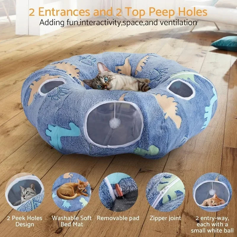 Foldable Cat Tunnel With Peekaboo Cave And Plush Bed