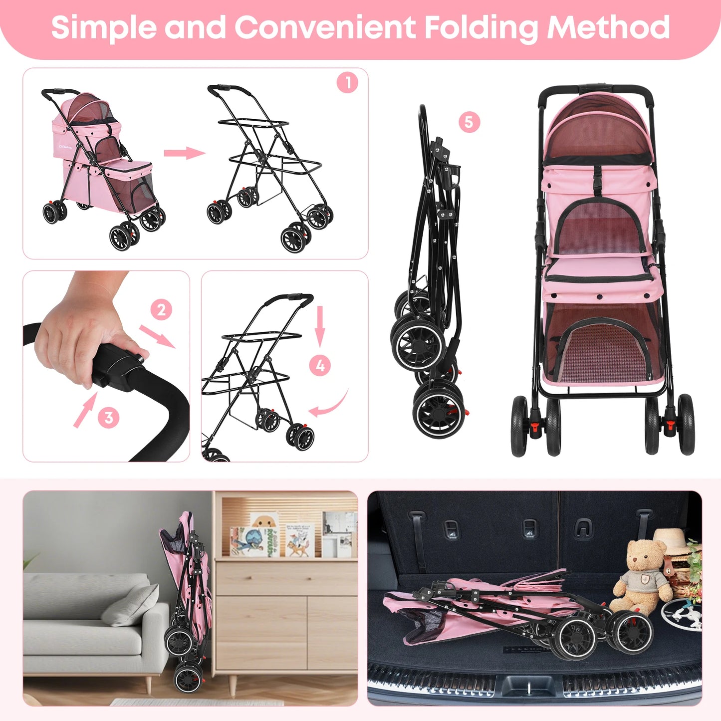 Chihuahua Double Pet Stroller For Dogs And Cats Foldable