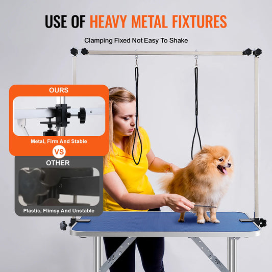 SucceBuy Pet Grooming Table Two Arms w/ Clamp Dog Grooming Station Foldable Pets Stand for Medium Small Dogs with Grooming Loop