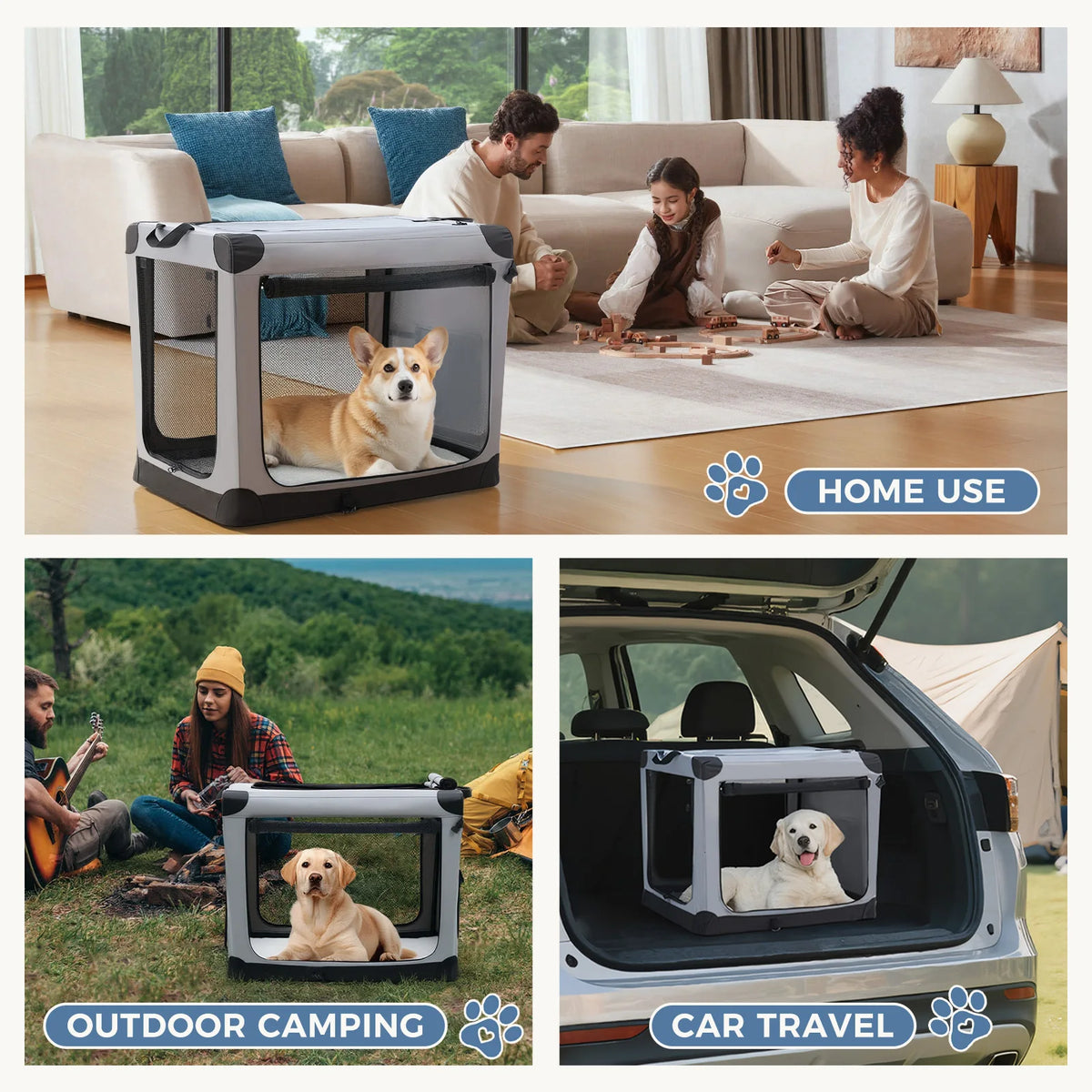 JHK Foldable Soft Dog Crate Portable Three Door Pet Kennel
