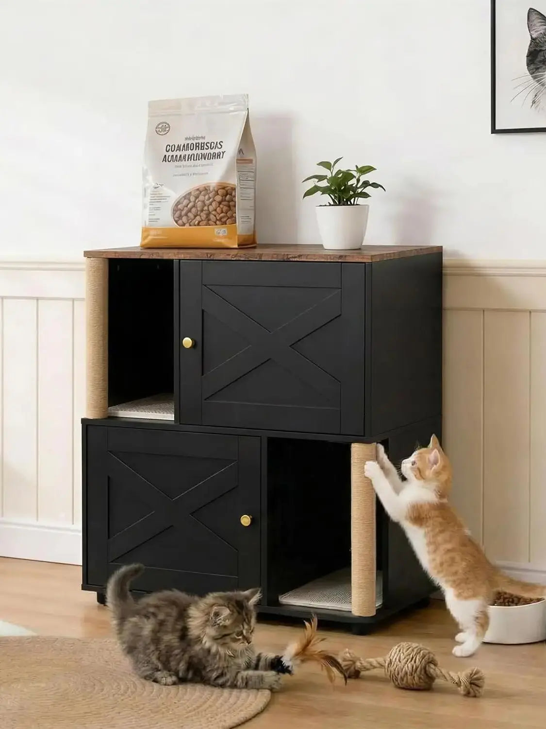 HiMISS Cat Litter Box Enclosure With Double Layer Cabinet And Sisal Post
