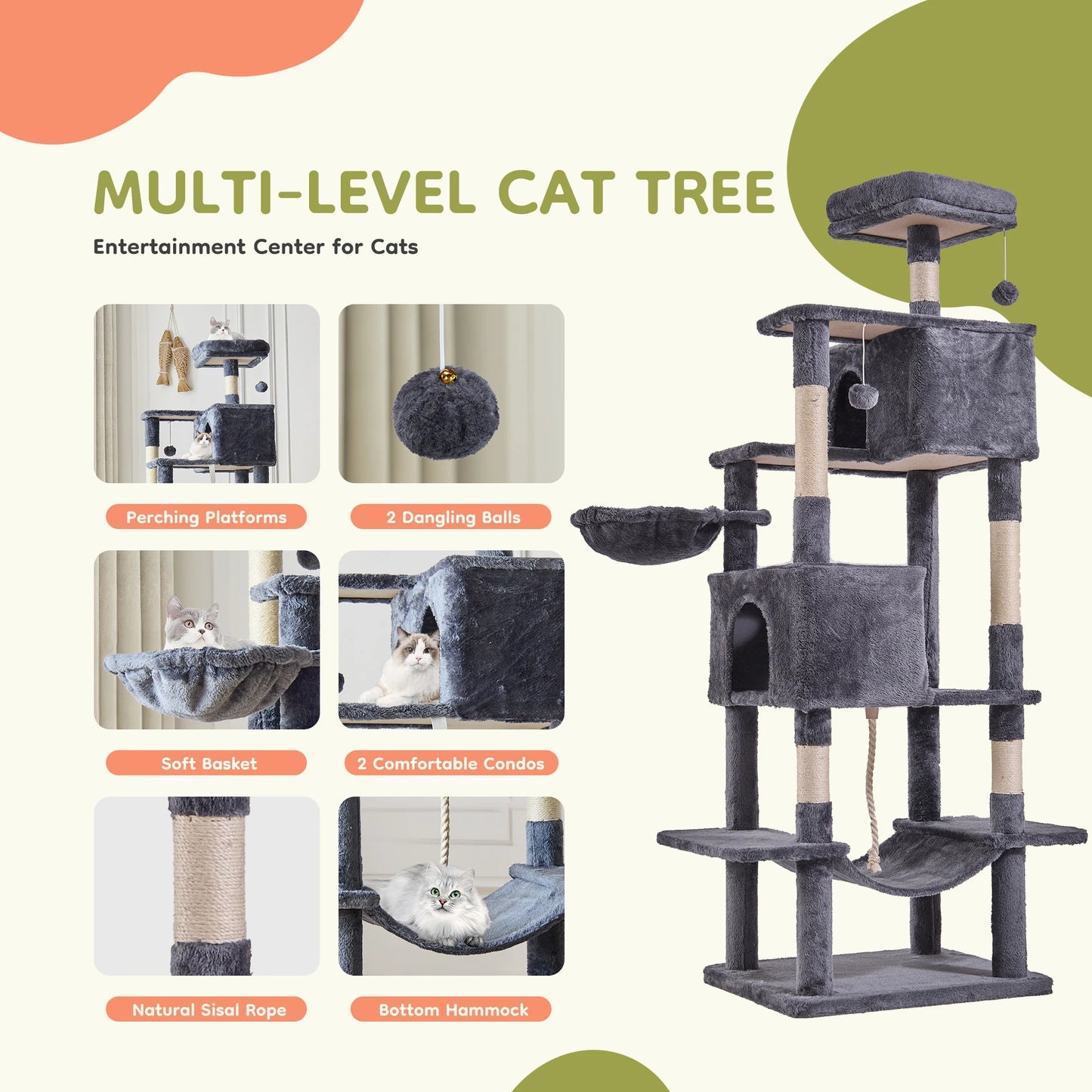 JHK Cat Tree Tower Multi Level Climbing Tower With Condo Natural Sisal Posts