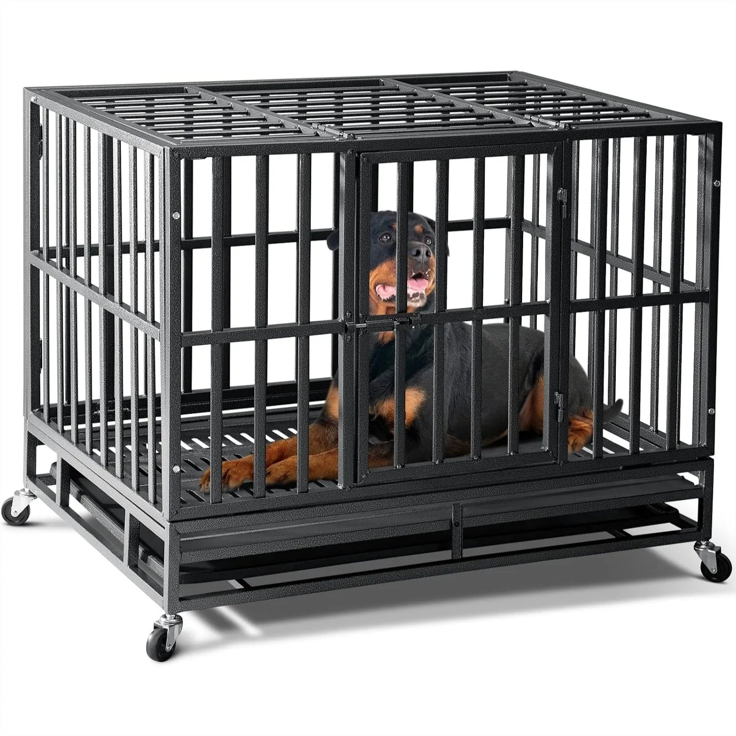 38 inch Heavy Duty Dog Crate for Large Dogs with Reinforced Baseplate, Double Door and Wheels, 200lbs Capacity