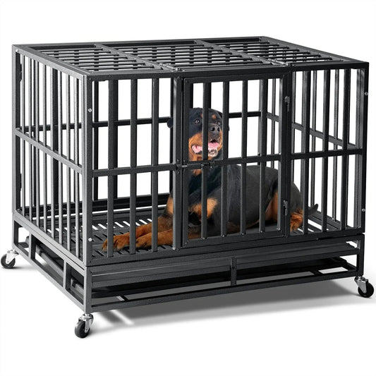 38 inch Heavy Duty Dog Crate for Large Dogs with Reinforced Baseplate, Double Door and Wheels, 200lbs Capacity