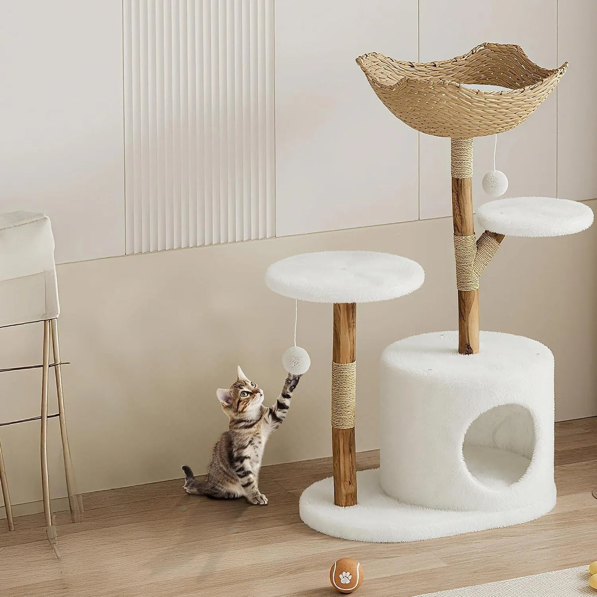 Wooden Cat Tree Tower With Rattan Perches For Indoor Cats