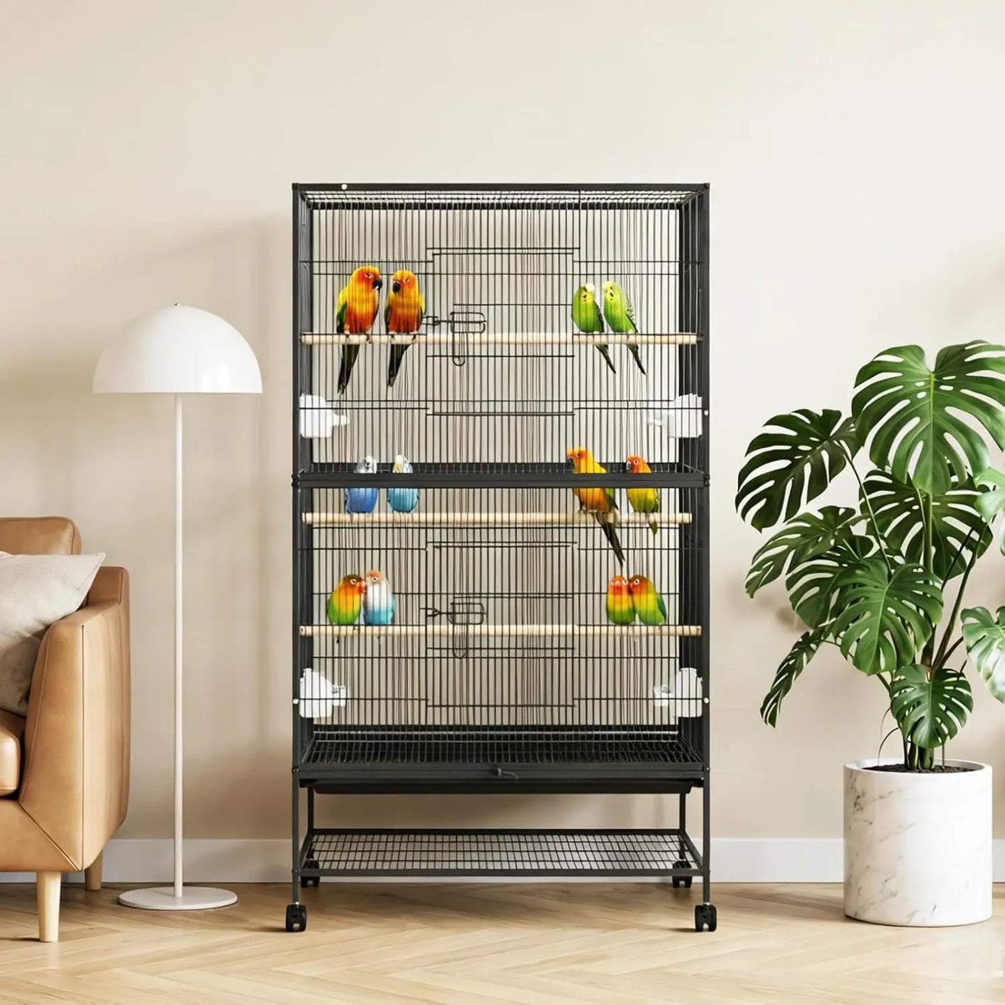 HiMISS Large Bird Cage With Rolling Storage Stands And Bowls