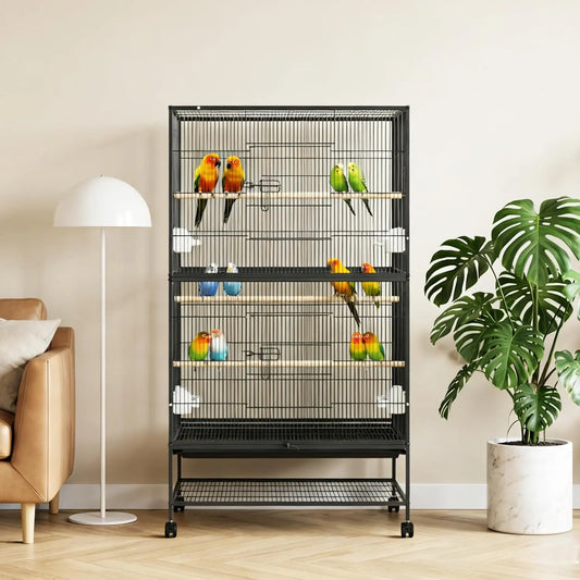 HiMISS Large Bird Cage With Rolling Storage Stands And Bowls