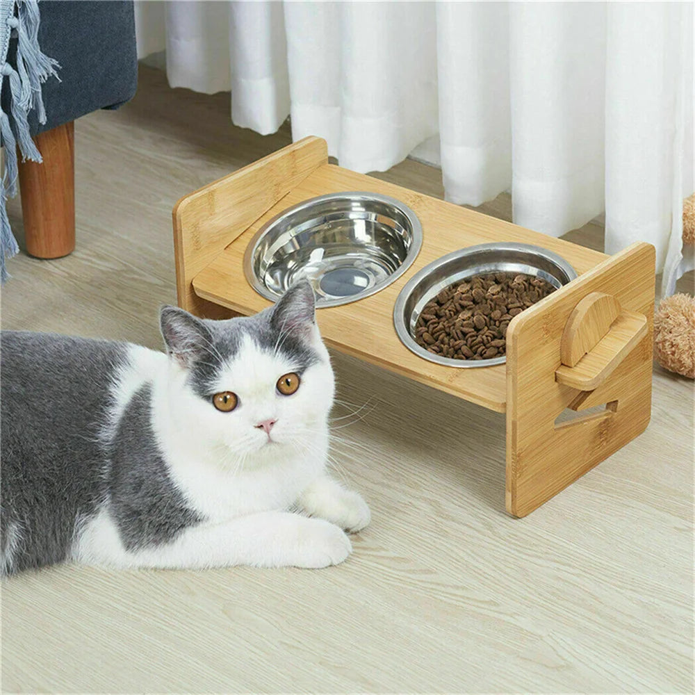 Adjustable Bamboo Raised Dog Feeding Stand With Stainless Steel Bowls