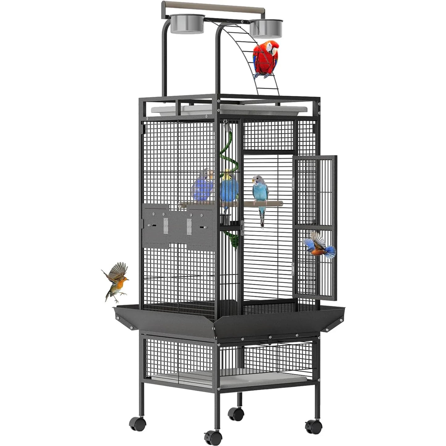HiMISS Parrot Cage Rolling With Play Top And Bowls