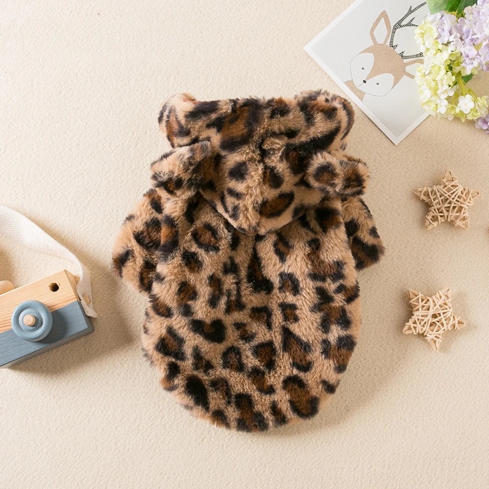 Winter Leopard Print Fleece Dog Hoodie Coat For Pets