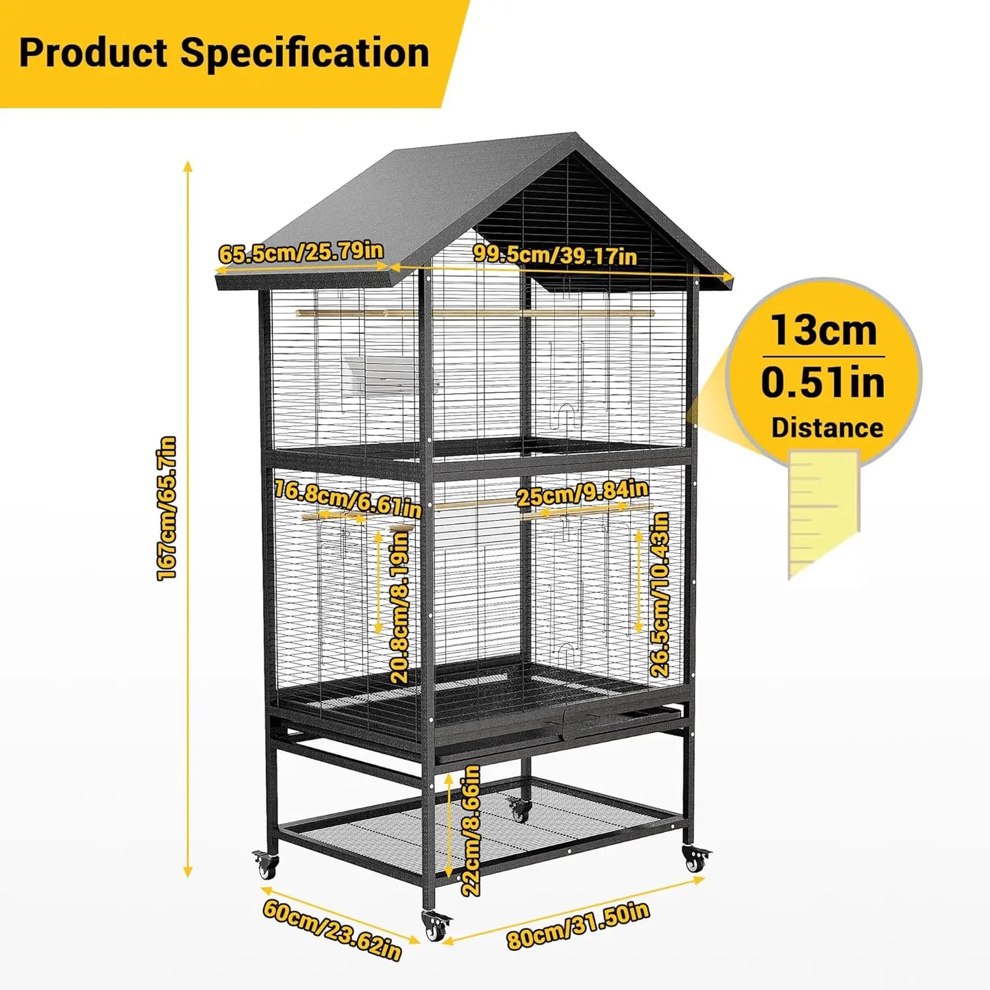 HiMISS Steel Parrot Cage With Casters Removable Tray And Feeders