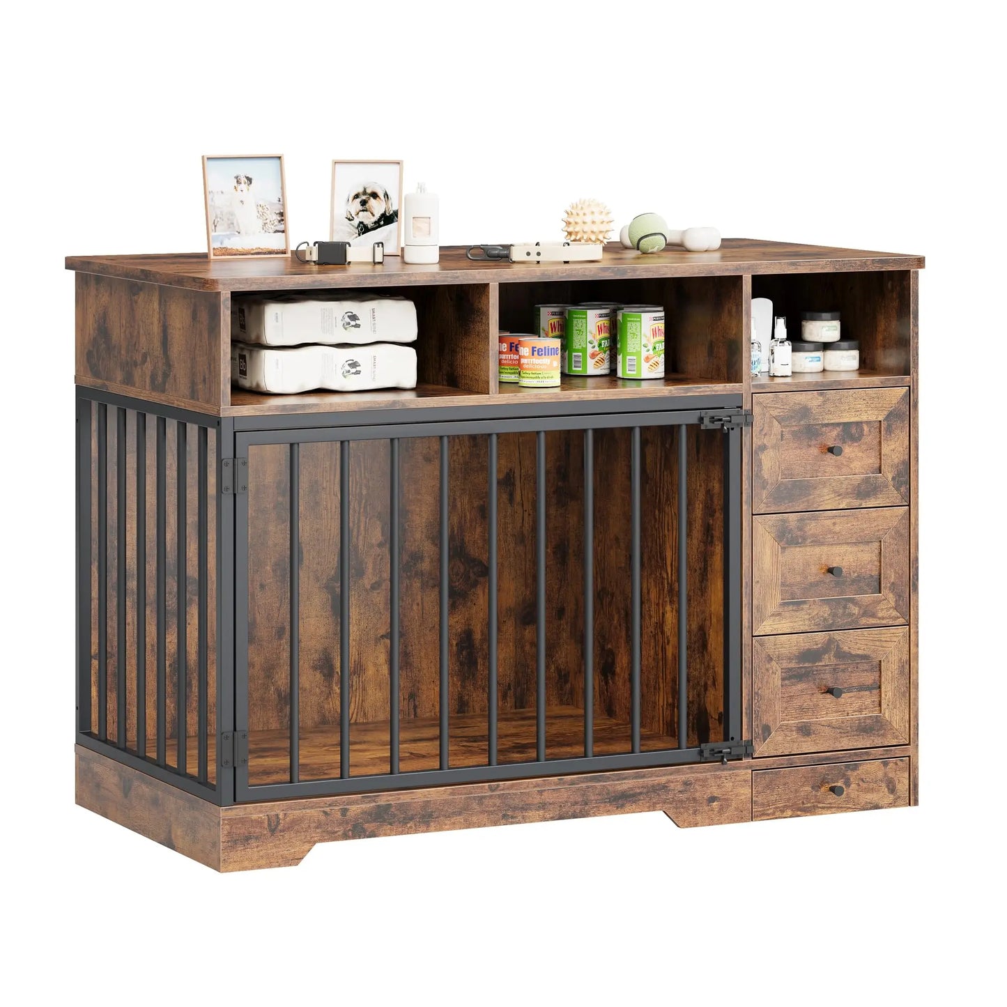HiMISS Farmhouse Wooden Dog Crate End Table With Storage Drawers