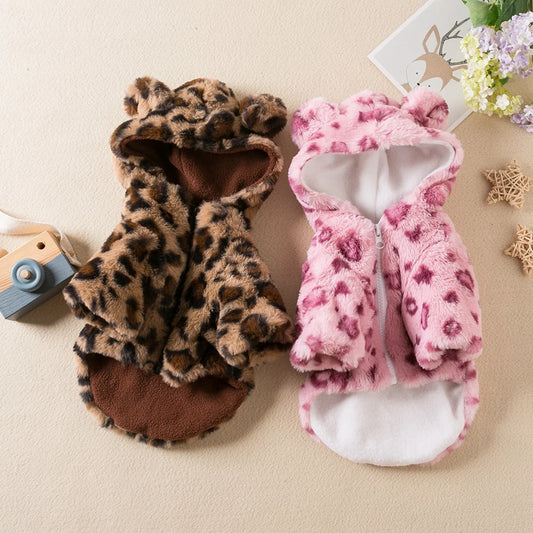 Winter Leopard Print Fleece Dog Hoodie Coat For Pets