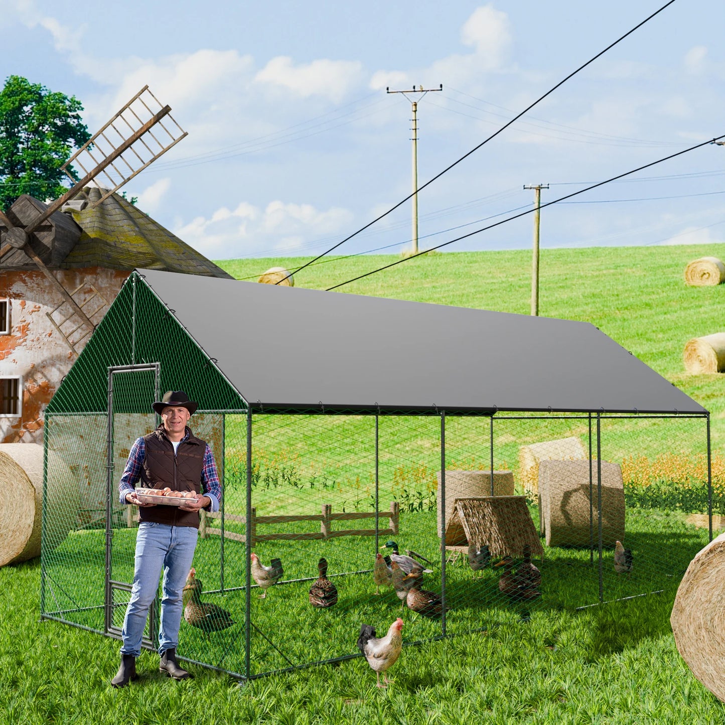 BINGOPAW Metal Chicken Coop Walk-In Run With Netting And Cover