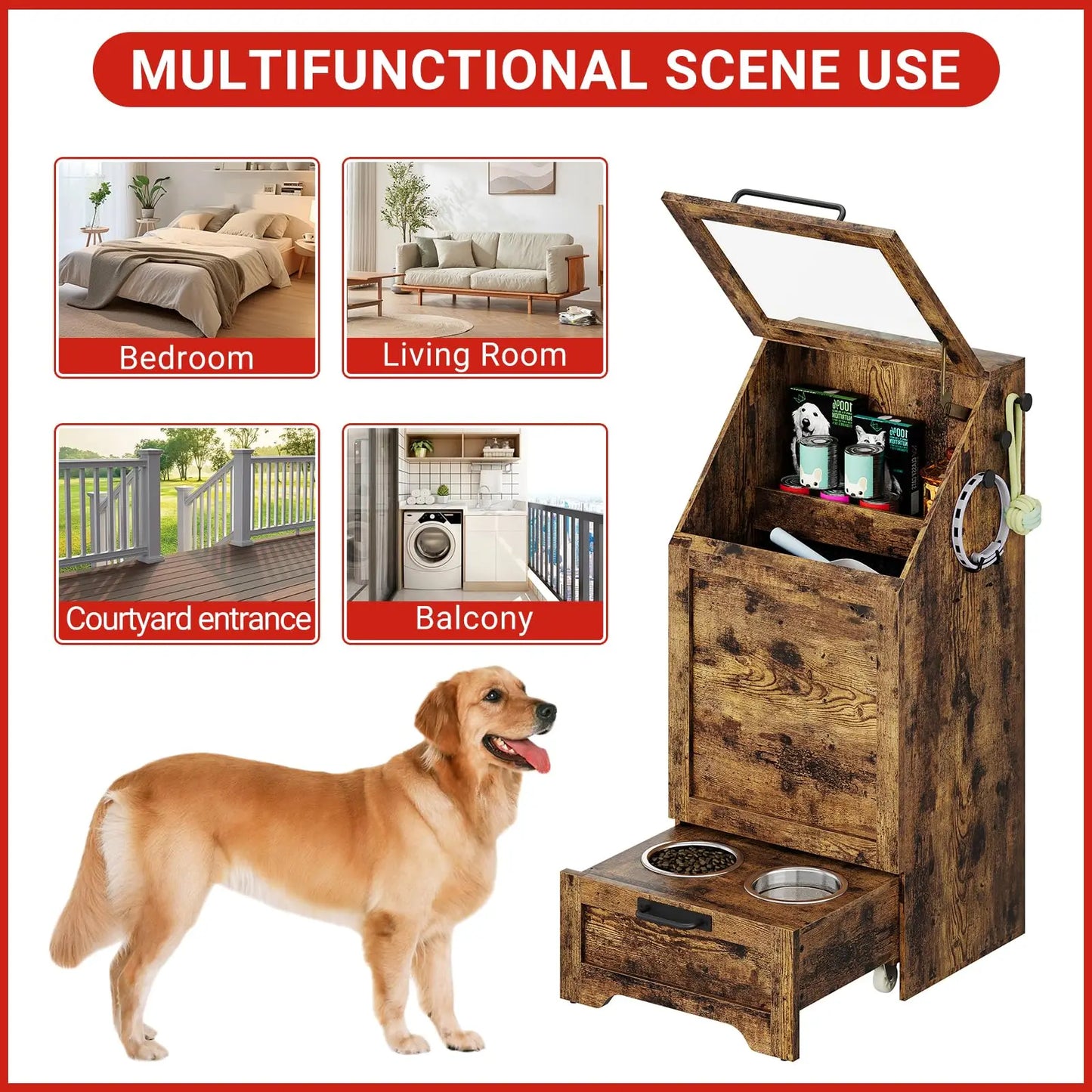 HiMISS Dog Food Storage Cabinet With Flip Top Leash Hooks