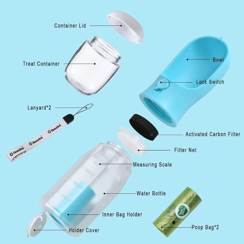 Dog Water Bottle With Food Container Poop Bag Holder Portable Travel Bowl