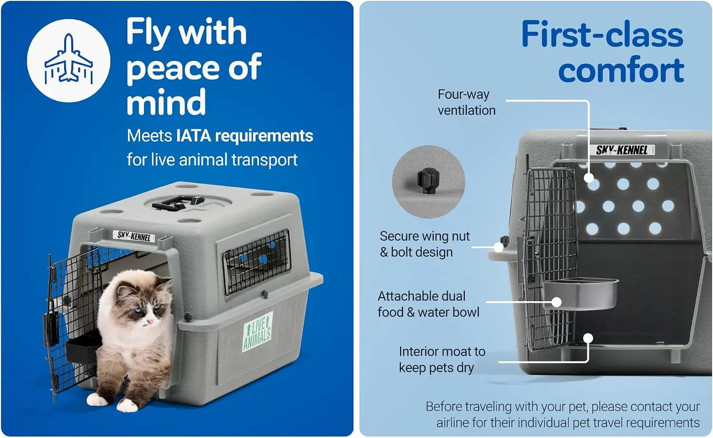 Airline Compliant Dog Crate for Travel, Heavy Duty Kennel for Pets 15-30 lbs with 360 Ventilation and Tie-Down Holes, 28 Inches