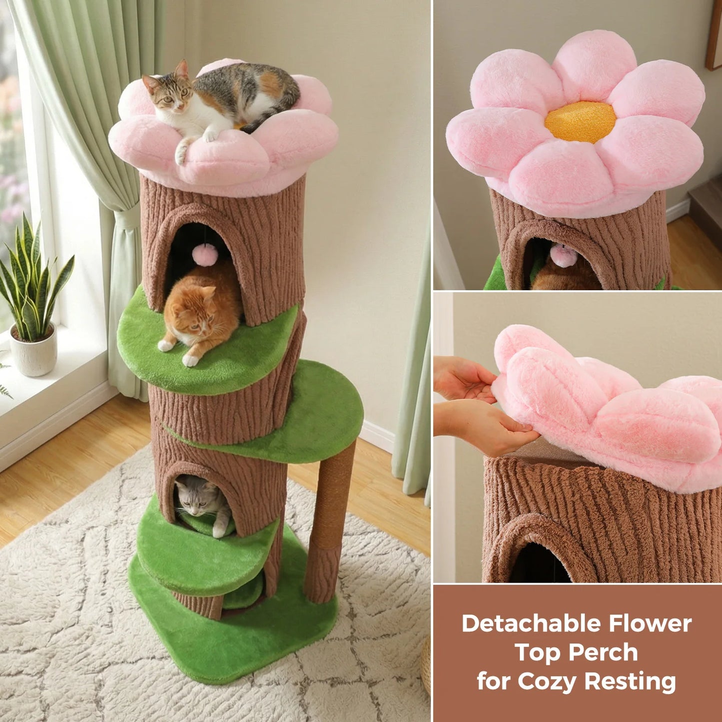 Cat Tree Tower With 4 Condos, Scratching Post, Flower Top Bed