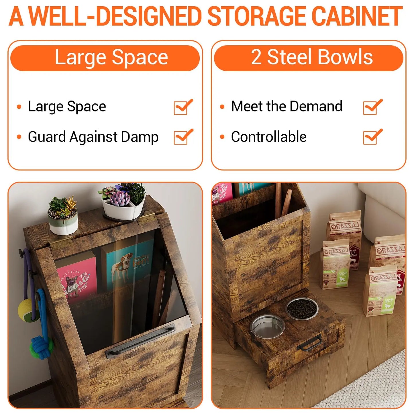 HiMISS Dog Food Storage Cabinet With Flip Top Leash Hooks