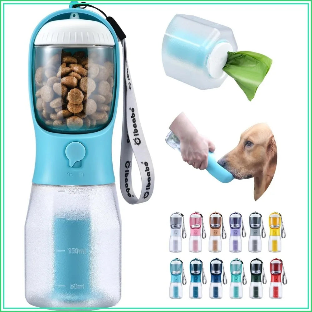 Dog Water Bottle With Food Container Poop Bag Holder Portable Travel Bowl