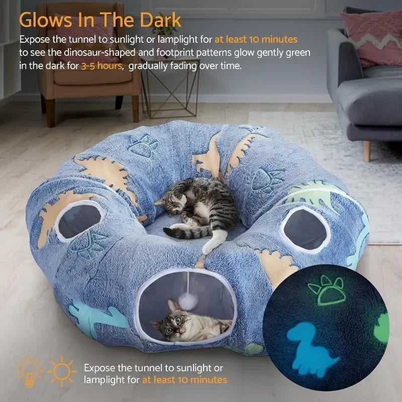 Foldable Cat Tunnel With Peekaboo Cave And Plush Bed