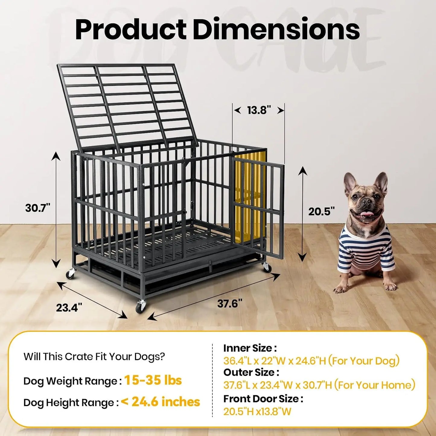 38 inch Heavy Duty Dog Crate for Large Dogs with Reinforced Baseplate, Double Door and Wheels, 200lbs Capacity