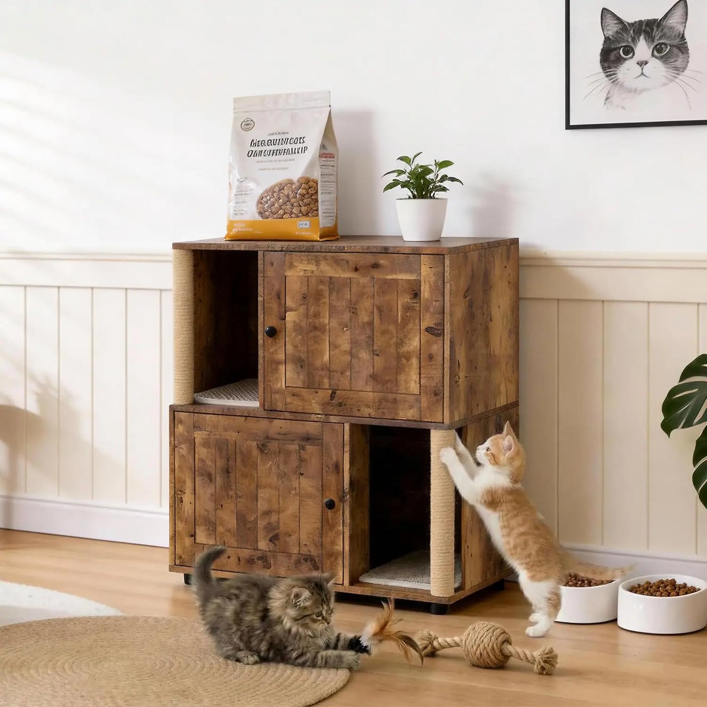 HiMISS Cat Litter Box Enclosure With Double Layer Cabinet And Sisal Post